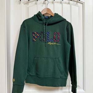 Polo Ralph Lauren Dark Green Striped Tie Logo Hoodie. Size S